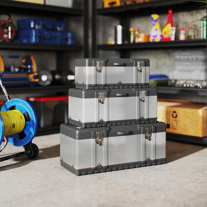 3-Delt værktøjskassesæt, rustfrit stål, plastik, sølv