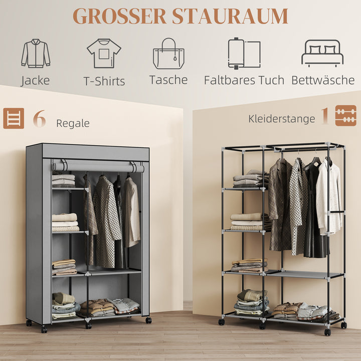 Stofgarderobe, opbevaringsløsning, 6 hylder, 1 garderobestang, lysegrå