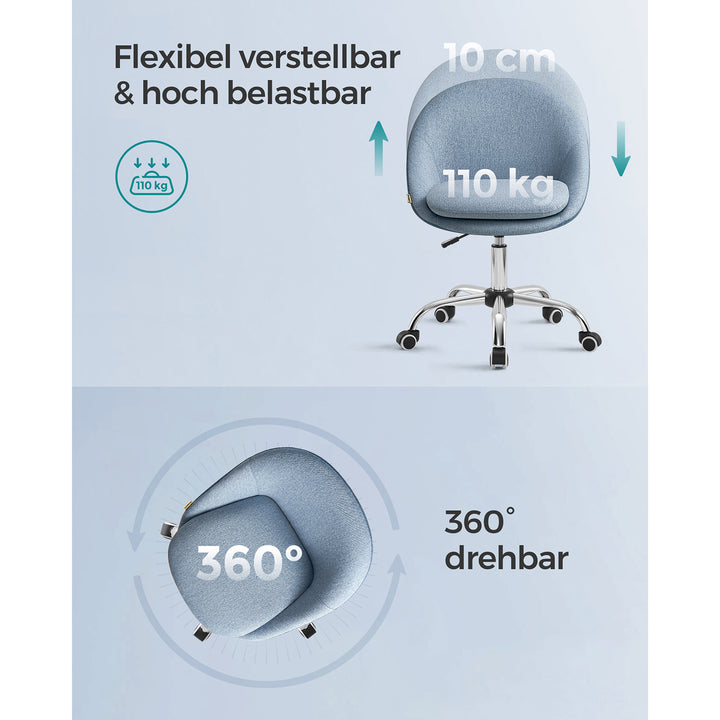 Kontorstol til hjemmekontor, drejelig skrivebordsstol med skumpolstring, højdejusterbar, blå