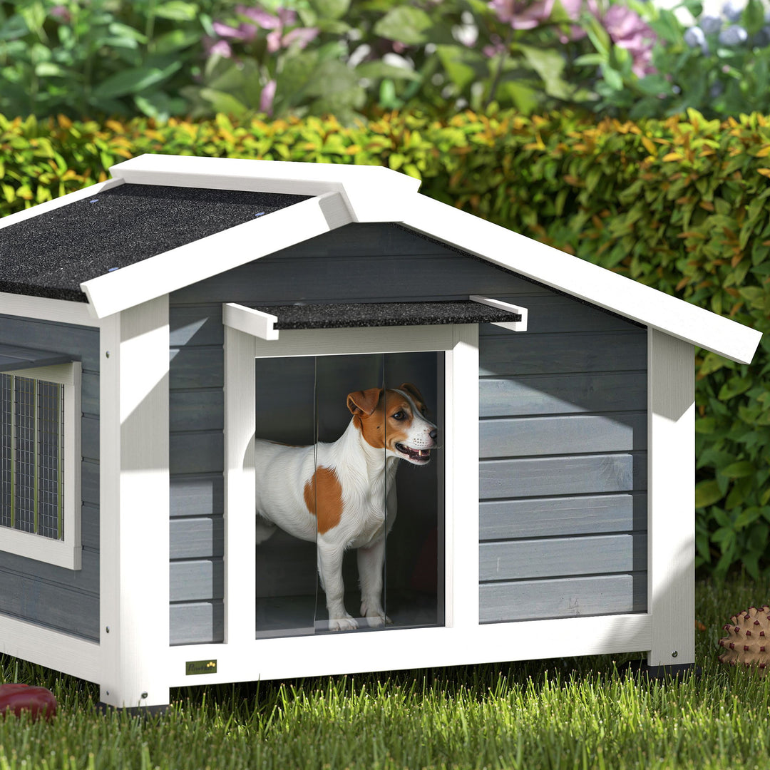 Vejrbestandigt hundehus i træ med aftageligt gulv, asfalttag, vindue der kan åbnes, 98x76x69,5 cm, grå