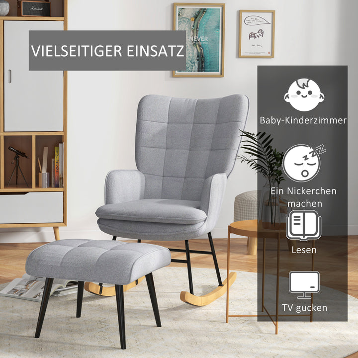 Gyngestol med fodskammel skandinavisk design gyngestol med fodskammel, bøgetræ, quiltet, 64 cm x 89 cm x 90 cm grå