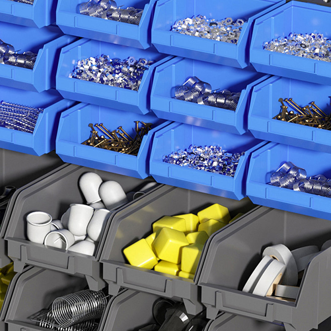 Værkstedsopbevaringsreol, 30 kasser i 2 størrelser, stabelbar, 63 x 18 x 37,5 cm, blå