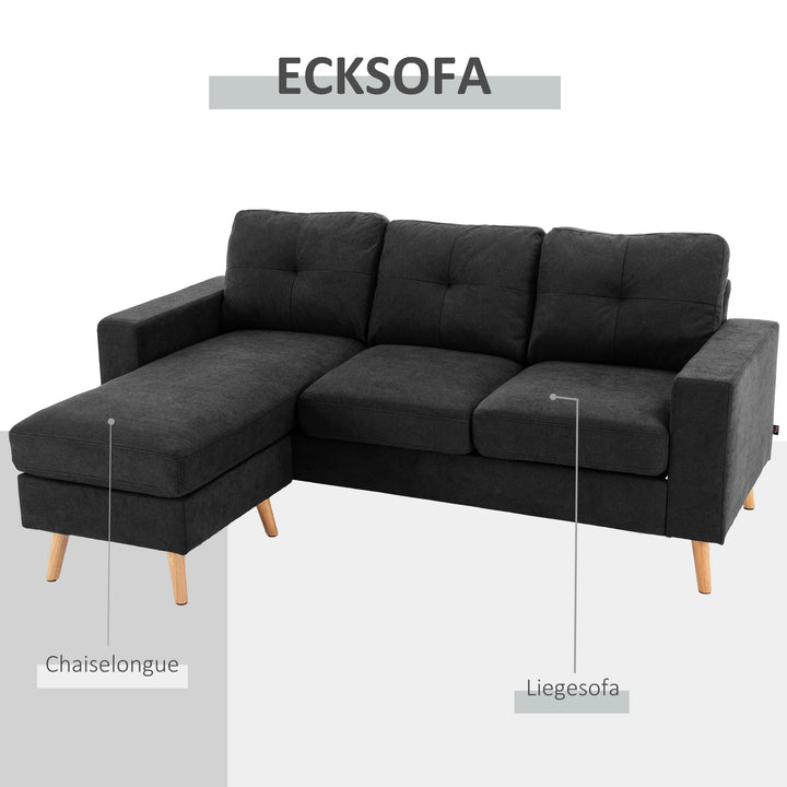 3-Personers sofa, hjørnesofa, med chaiselong, knapsyninger, 193 x 136 x 85 cm, sort