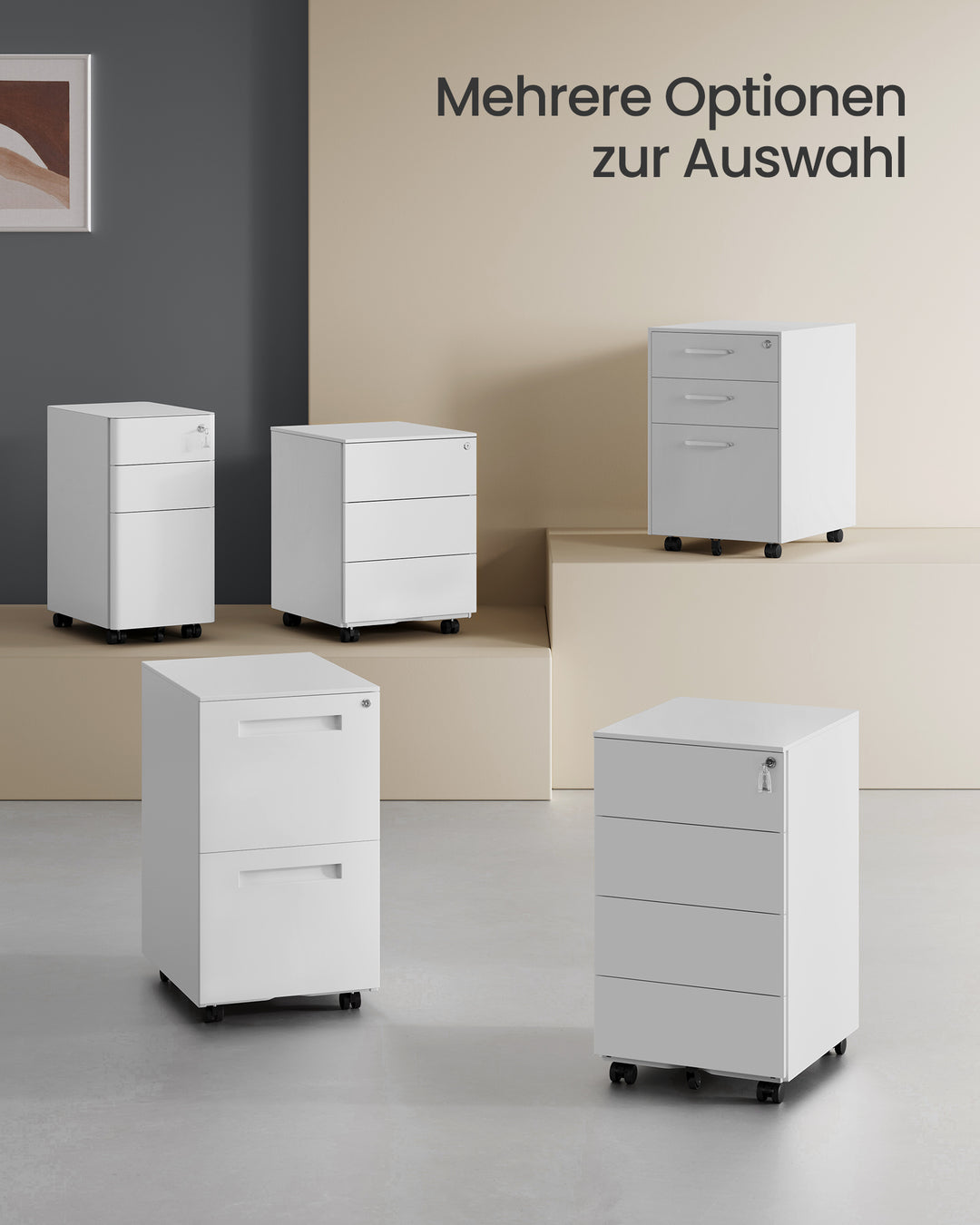 Mobil arkivskab i skyhvid, med 4 låsbare skuffer til dokumenter og kontorartikler, forudmonteret, mål 39 x 45 x 69,3 cm