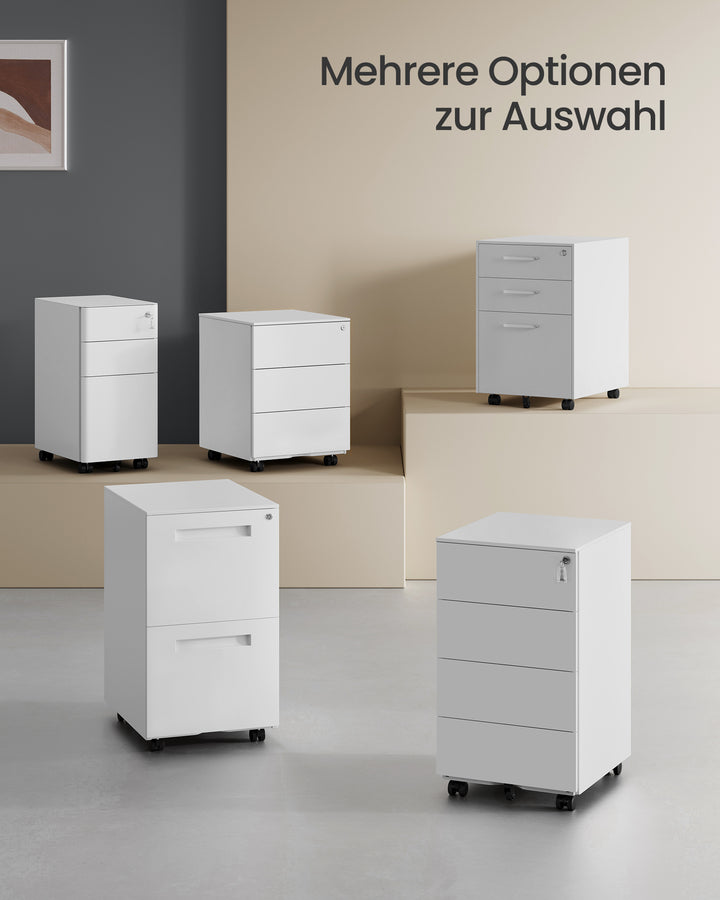 Mobil arkivskab i skyhvid, med 4 låsbare skuffer til dokumenter og kontorartikler, forudmonteret, mål 39 x 45 x 69,3 cm