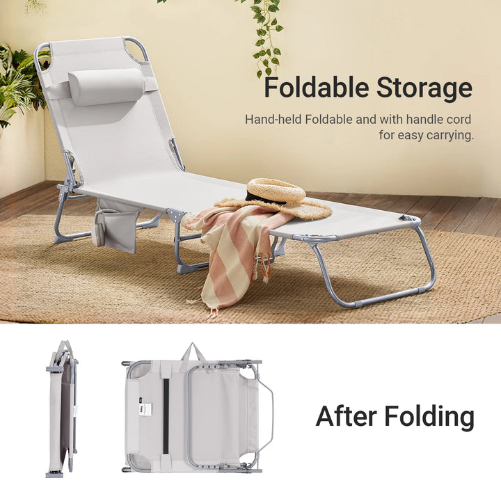 Sæt med 2 foldbare liggestole / campingstole i textilene, justerbart ryglæn, beige