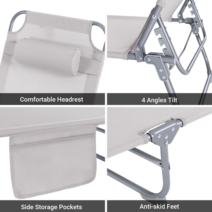 Sæt med 2 foldbare liggestole / campingstole i textilene, justerbart ryglæn, beige