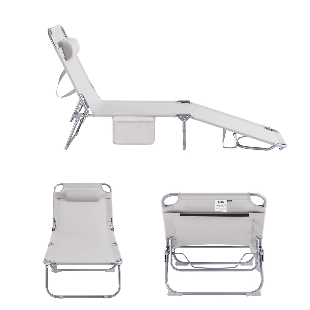 Sæt med 2 foldbare liggestole / campingstole i textilene, justerbart ryglæn, beige