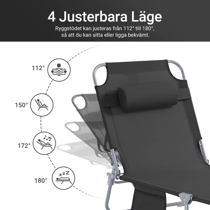 Sæt med 2 x foldbare solstole med nakkepude og justerbar solskærm – til have og altan, sort