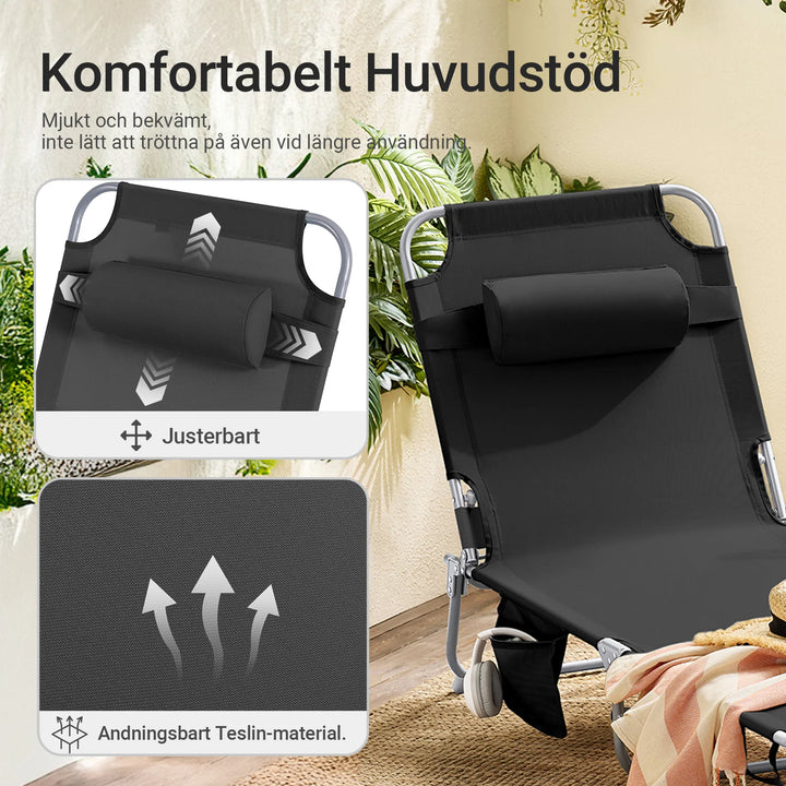 Foldbar solstol med nakkepude – til have og altan, sort