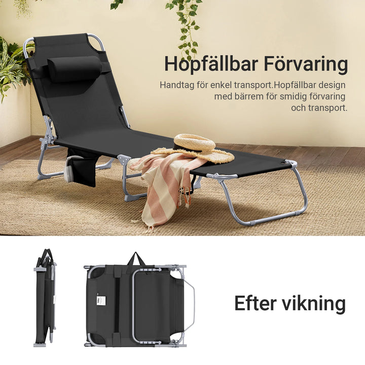 Foldbar solstol med nakkepude – til have og altan, sort