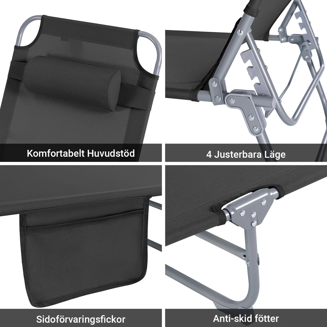 Foldbar solstol med nakkepude – til have og altan, sort