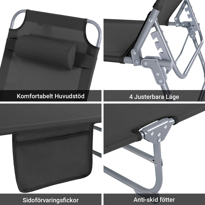 Foldbar solstol med nakkepude – til have og altan, sort