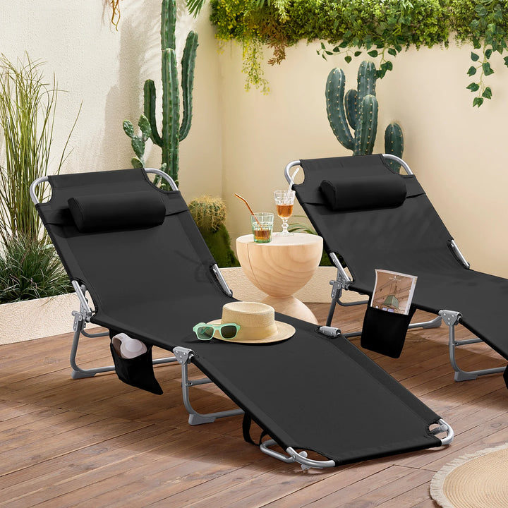 Sæt med 2 x foldbare solstole med nakkepude og justerbar solskærm – til have og altan, sort