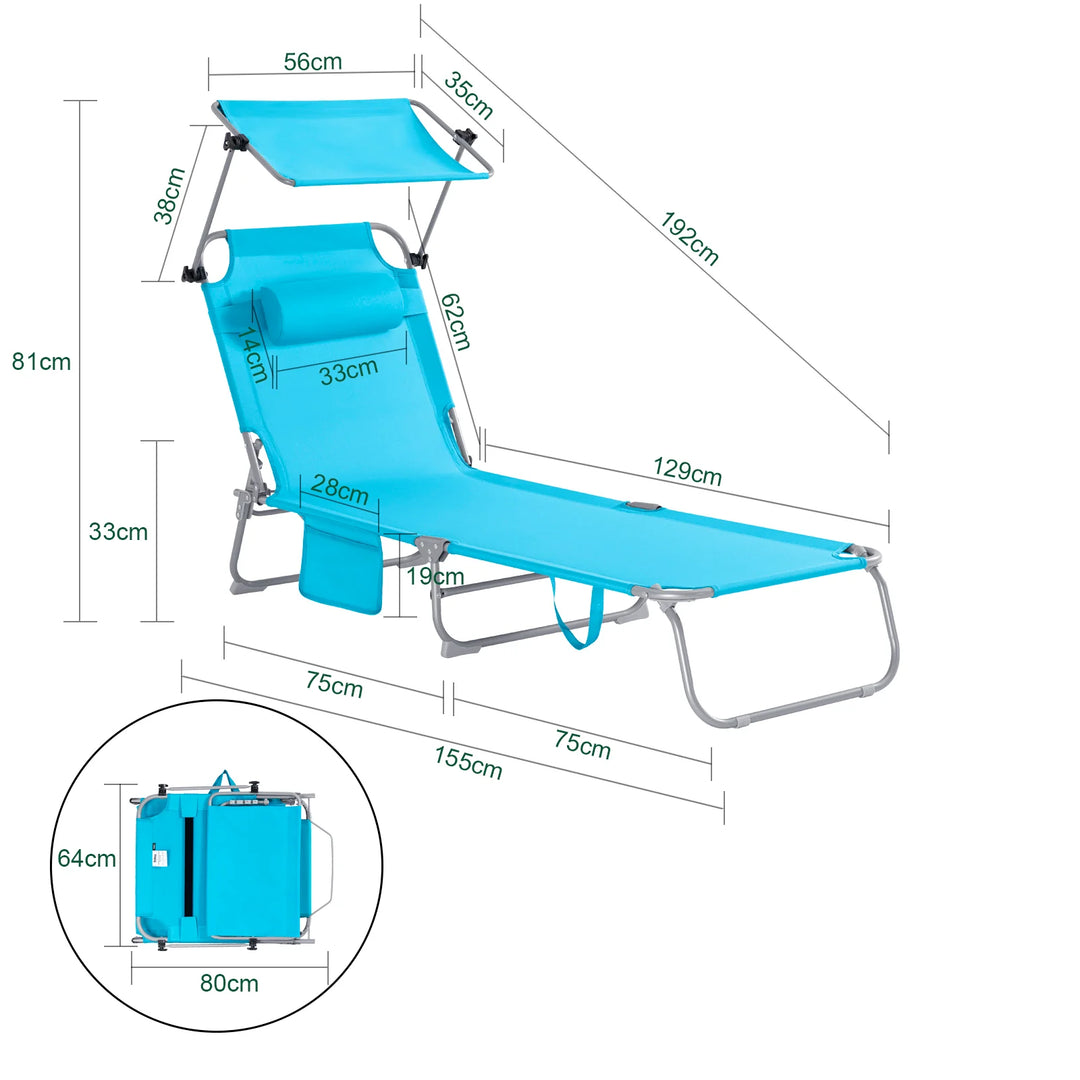 Foldbar solstol med nakkepude og justerbar solskærm – til have og altan, turkis