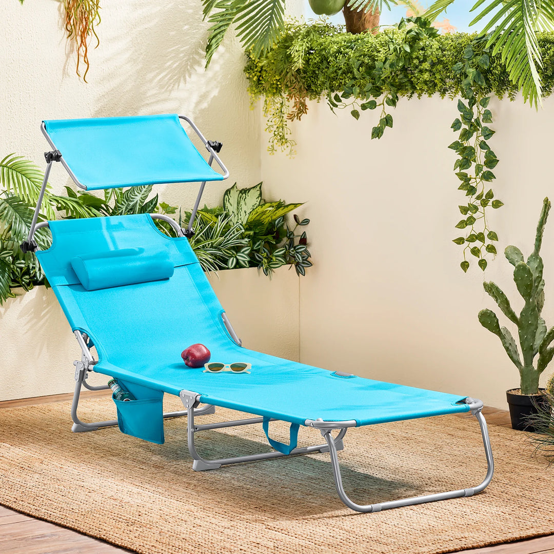 Foldbar solstol med nakkepude og justerbar solskærm – til have og altan, turkis
