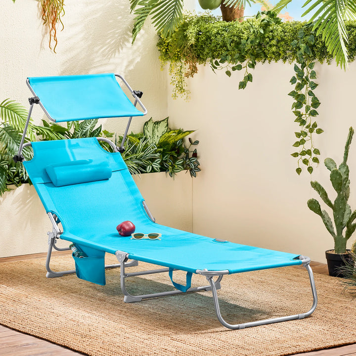 Foldbar solstol med nakkepude og justerbar solskærm – til have og altan, turkis