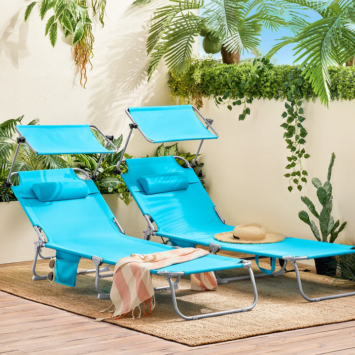 Foldbar solstol med nakkepude og justerbar solskærm – til have og altan, turkis