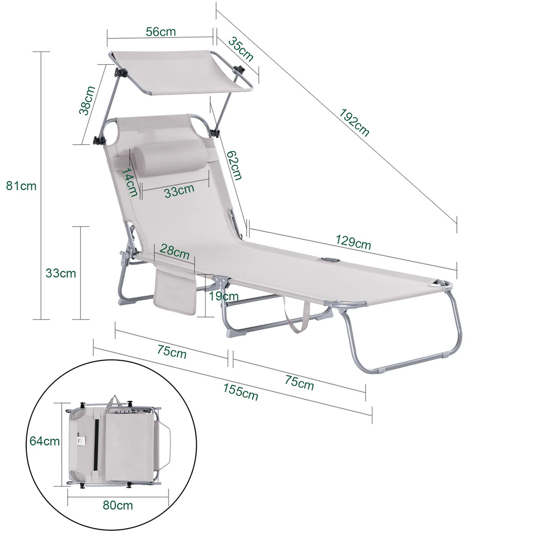 Foldbar solstol med nakkepude og justerbar solskærm – til have og altan, beige