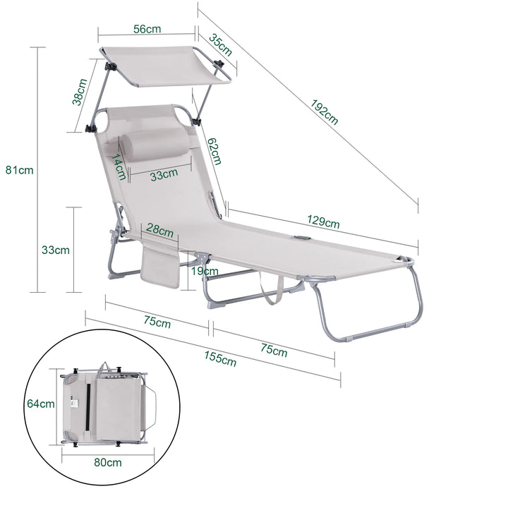 Foldbar solstol med nakkepude og justerbar solskærm – til have og altan, beige