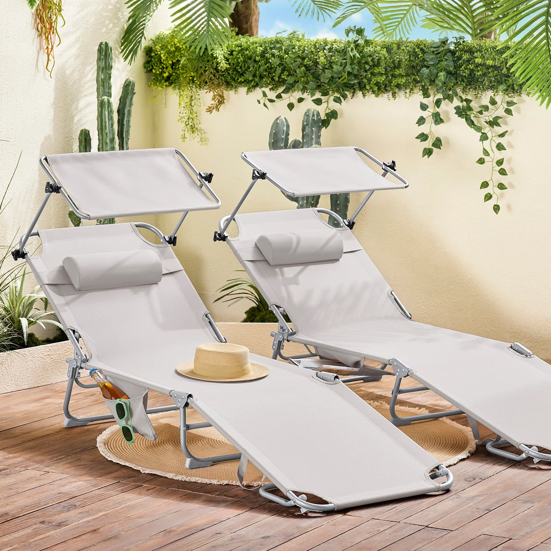 Foldbar solstol med nakkepude og justerbar solskærm – til have og altan, beige