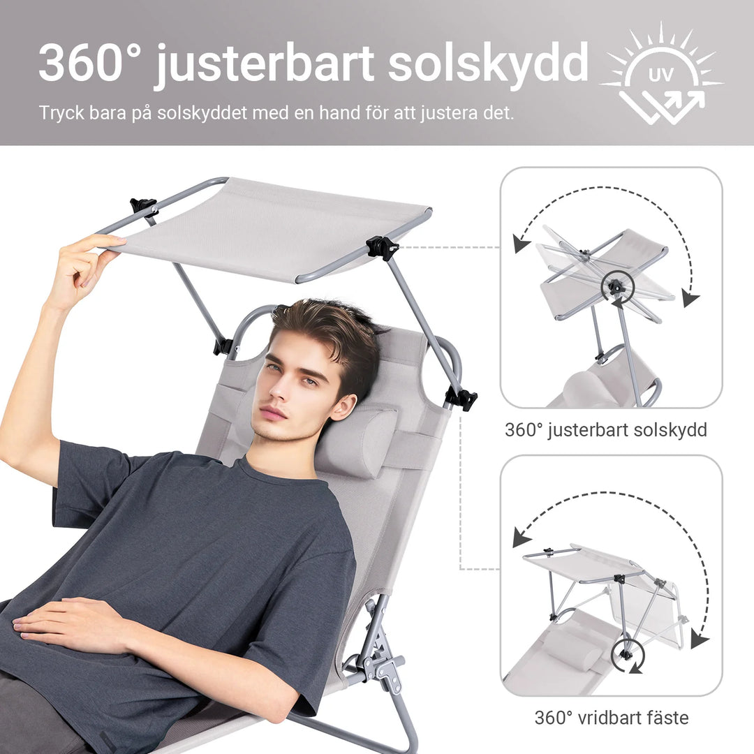 Foldbar solstol med nakkepude og justerbar solskærm – til have og altan, beige