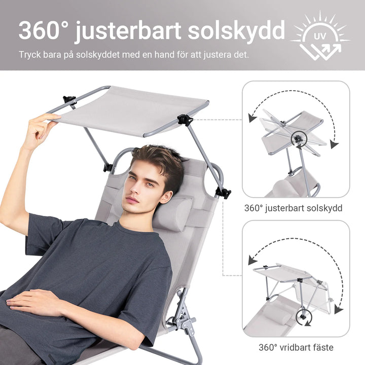 Foldbar solstol med nakkepude og justerbar solskærm – til have og altan, beige