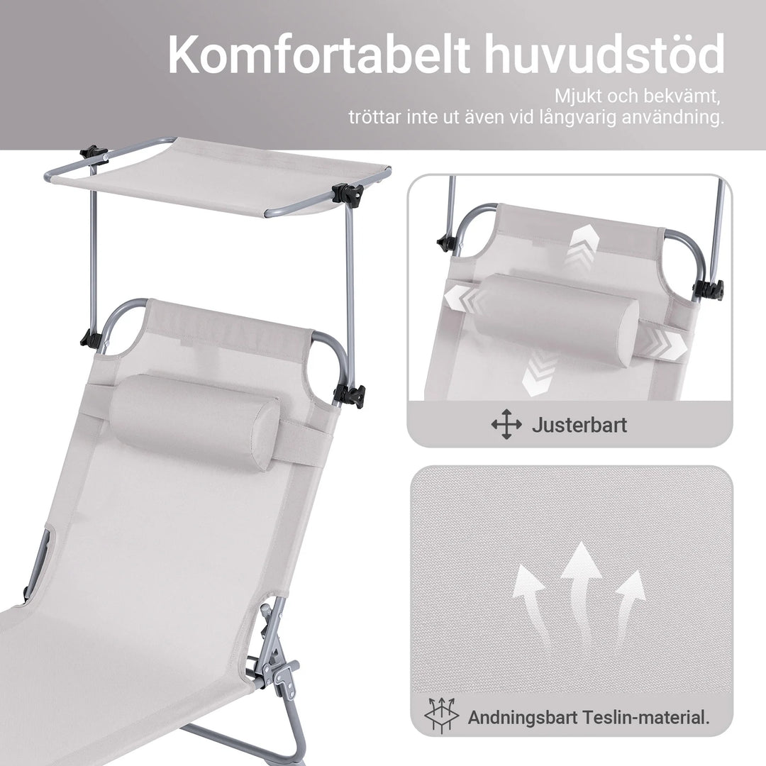 Foldbar solstol med nakkepude og justerbar solskærm – til have og altan, beige