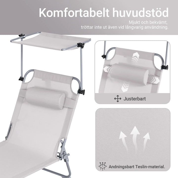 Foldbar solstol med nakkepude og justerbar solskærm – til have og altan, beige