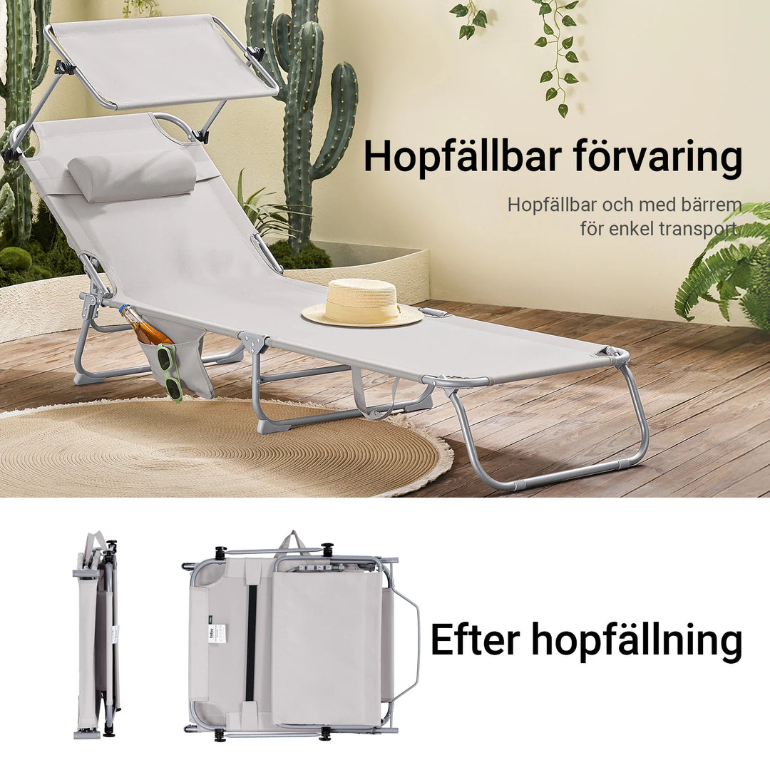 Foldbar solstol med nakkepude og justerbar solskærm – til have og altan, beige