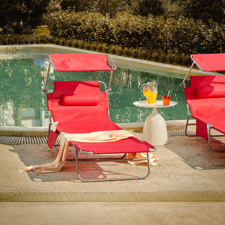 Liggestol med indbygget parasol, L195 x B63 x H90 cm, rød