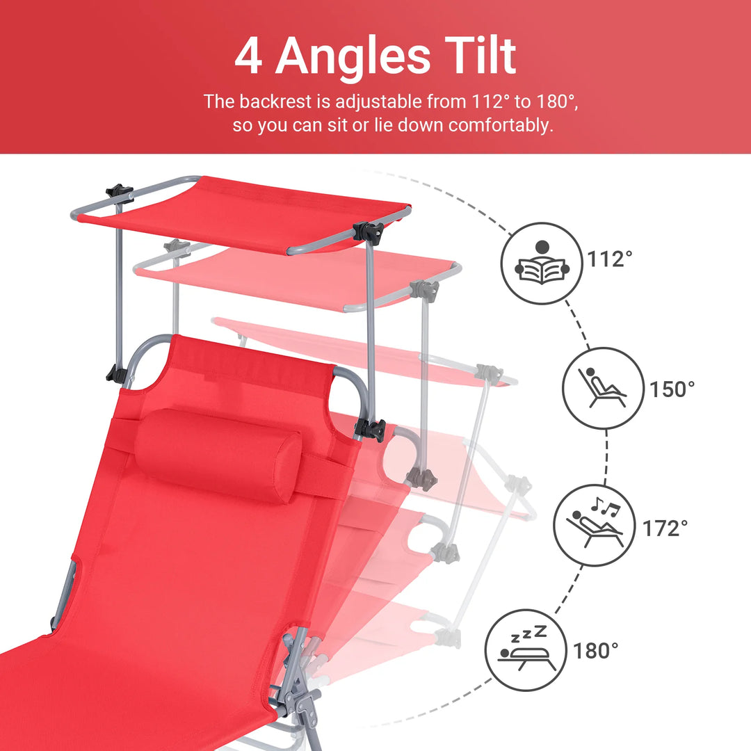 Liggestol med indbygget parasol, L195 x B63 x H90 cm, rød