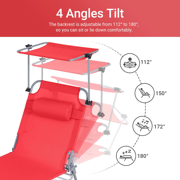 Liggestol med indbygget parasol, L195 x B63 x H90 cm, rød