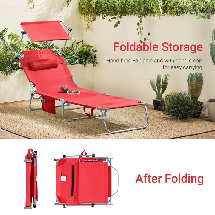 Liggestol med indbygget parasol, L195 x B63 x H90 cm, rød