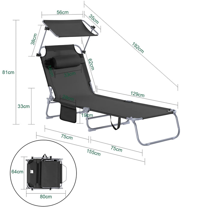 Foldbar Solstol med nakkepude og justerbar solskærm – til have og altan, sort