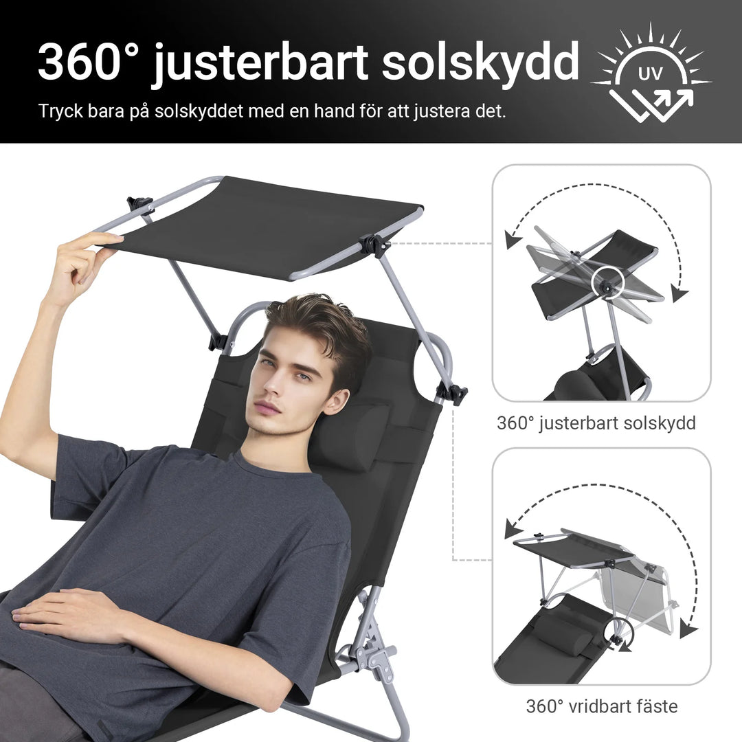 Foldbar Solstol med nakkepude og justerbar solskærm – til have og altan, sort