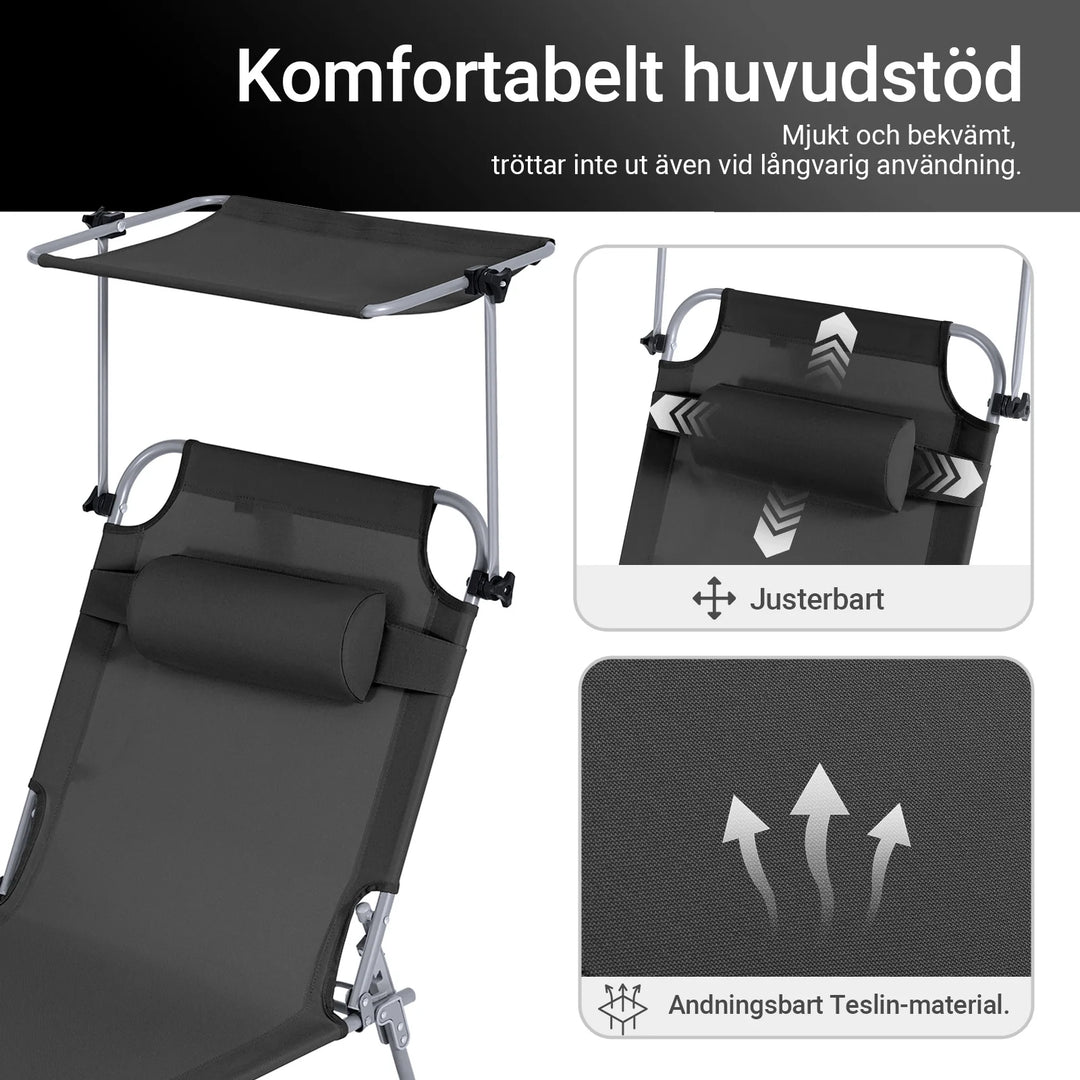 Foldbar Solstol med nakkepude og justerbar solskærm – til have og altan, sort