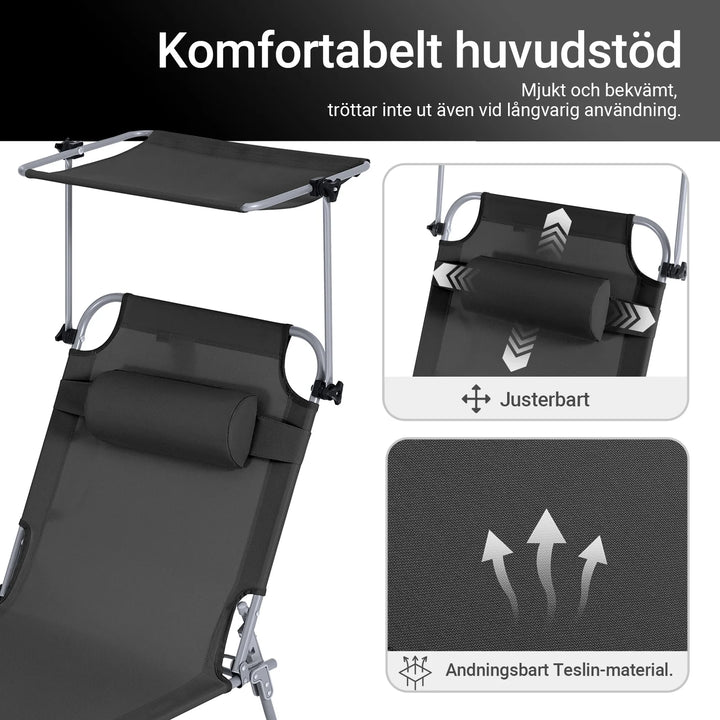 Foldbar Solstol med nakkepude og justerbar solskærm – til have og altan, sort