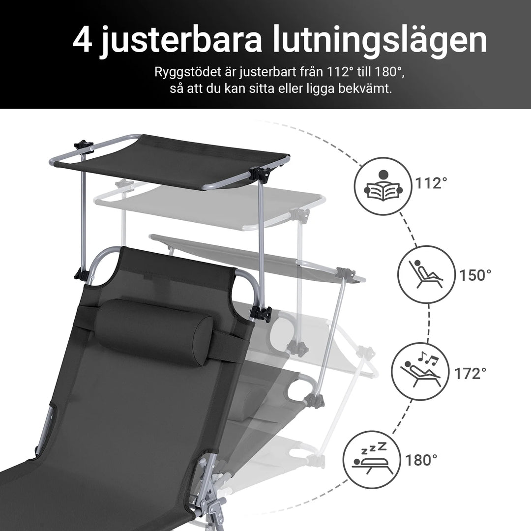 Foldbar Solstol med nakkepude og justerbar solskærm – til have og altan, sort