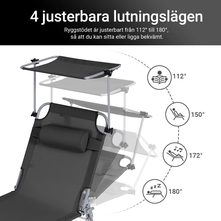 Foldbar Solstol med nakkepude og justerbar solskærm – til have og altan, sort