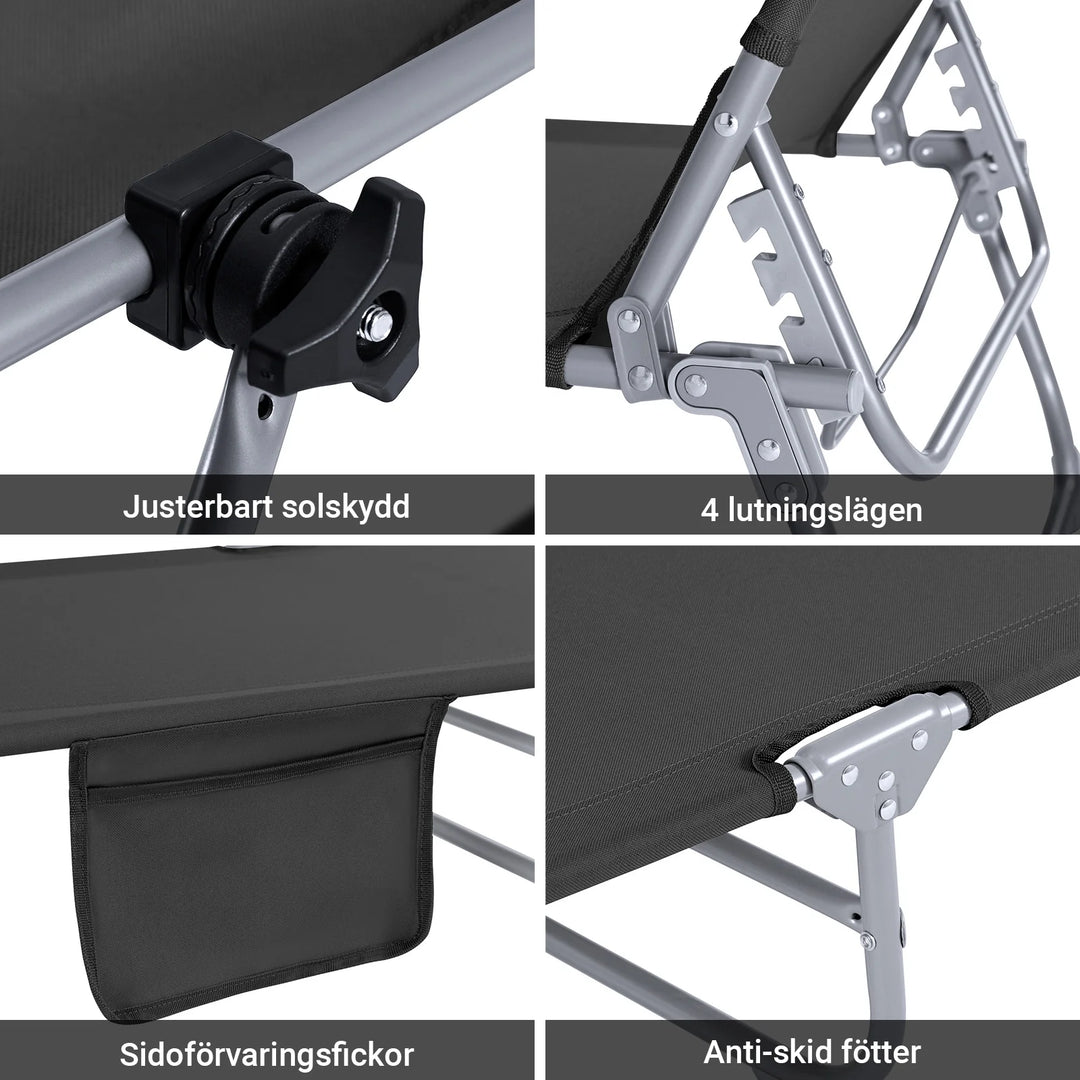 Foldbar Solstol med nakkepude og justerbar solskærm – til have og altan, sort