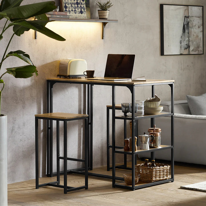 Barbordssæt i industriel stil, bord med 2 taburetter, brun med sorte ben