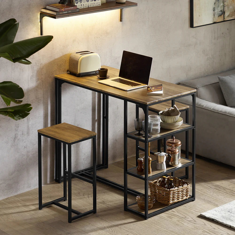 Barbordssæt i industriel stil, bord med 2 taburetter, brun med sorte ben