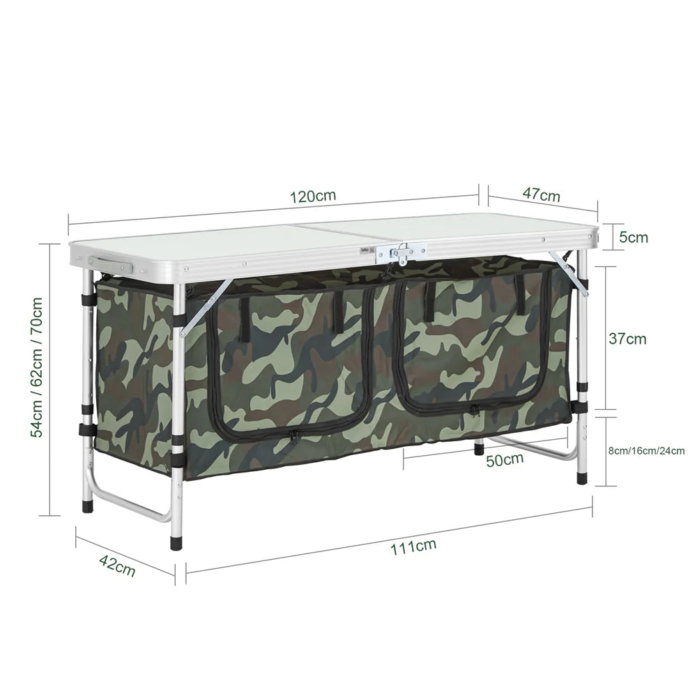 Robust, fleksibelt og praktisk – smart bord til udendørslivet i army-look, L120xB47xH(justerbar): 54-70 cm