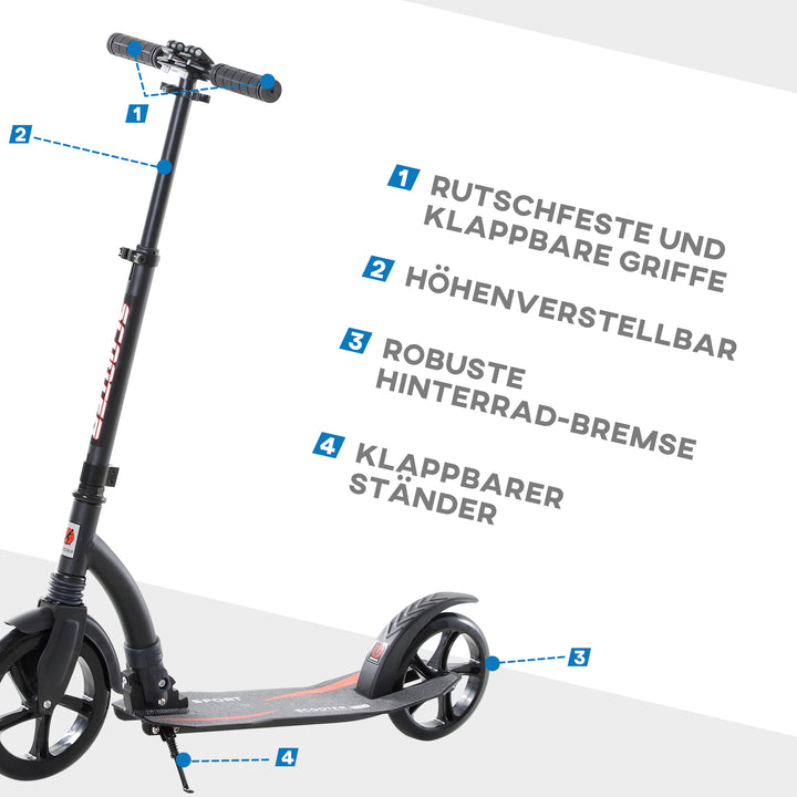Foldbart løbehjul, sparkscooter, foldbar, med støddæmpere, fra 14 år, sort