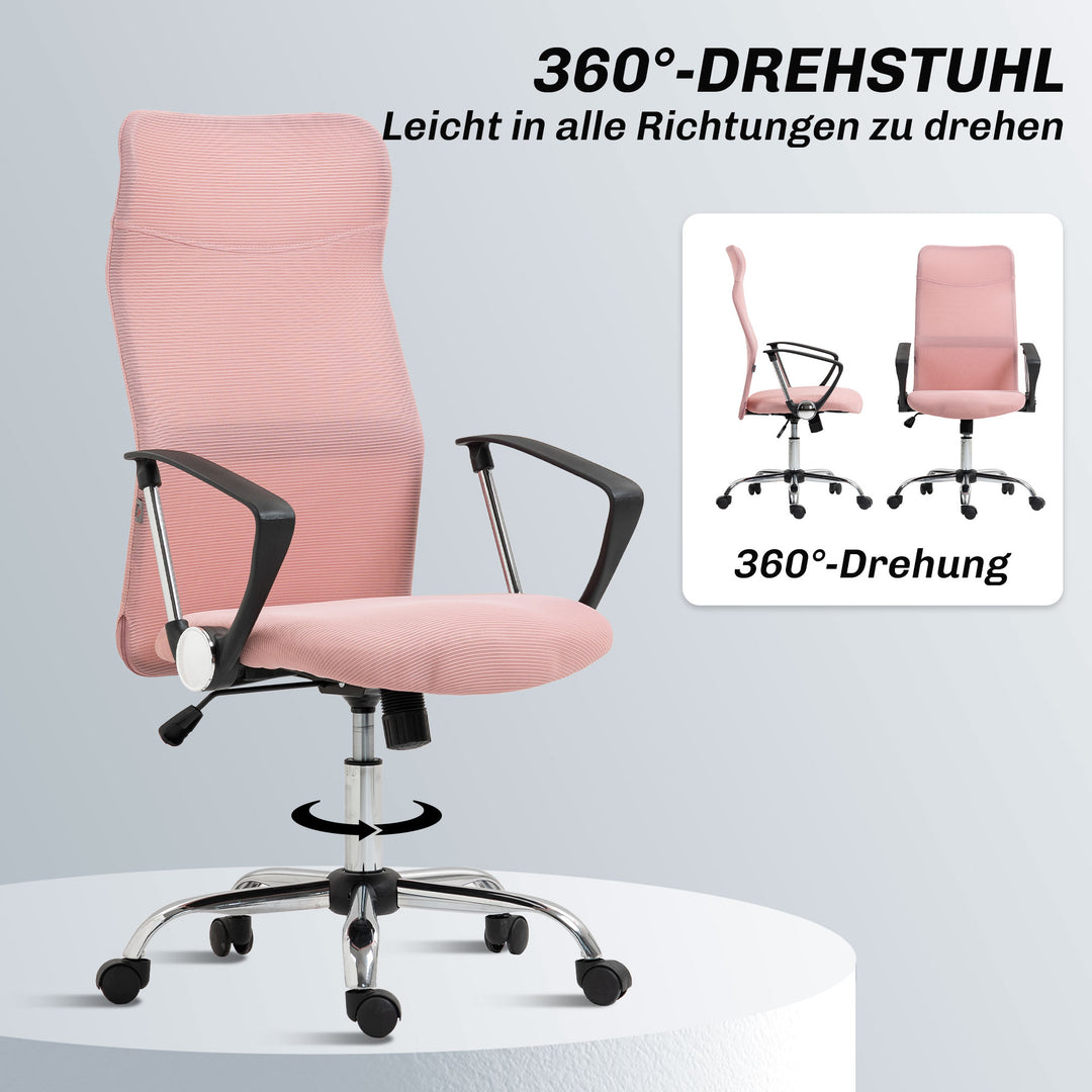 Ergonomisk kontorstol, højdejusterbar drejestol med vippefunktion, netpolstring, 63 x 65 x 109-119 cm, lyserød
