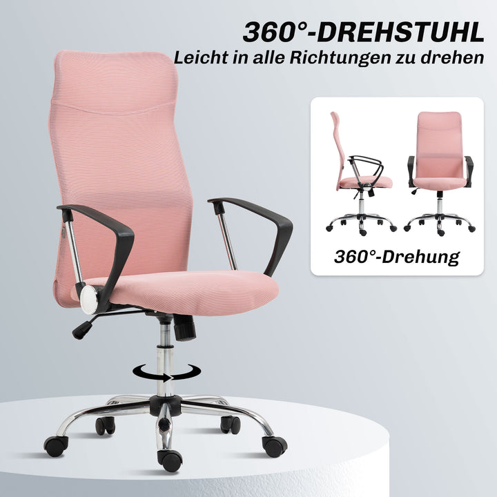 Ergonomisk kontorstol, højdejusterbar drejestol med vippefunktion, netpolstring, 63 x 65 x 109-119 cm, lyserød