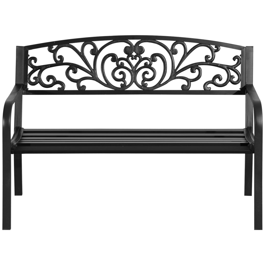 Metalhavebænk, blomsterdesign, 2-personers, 240 kg lasteevne, stål, 127L x 60B x 87H cm, sort