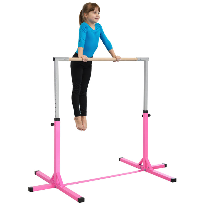 Gymnastikstang til børn, højdejusterbar vandret stang, vandret stang til indendørs og udendørs brug, lavet af træ og robust stålkonstruktion, lasteevne op til 75 kg, til børn fra 3 år, lyserød