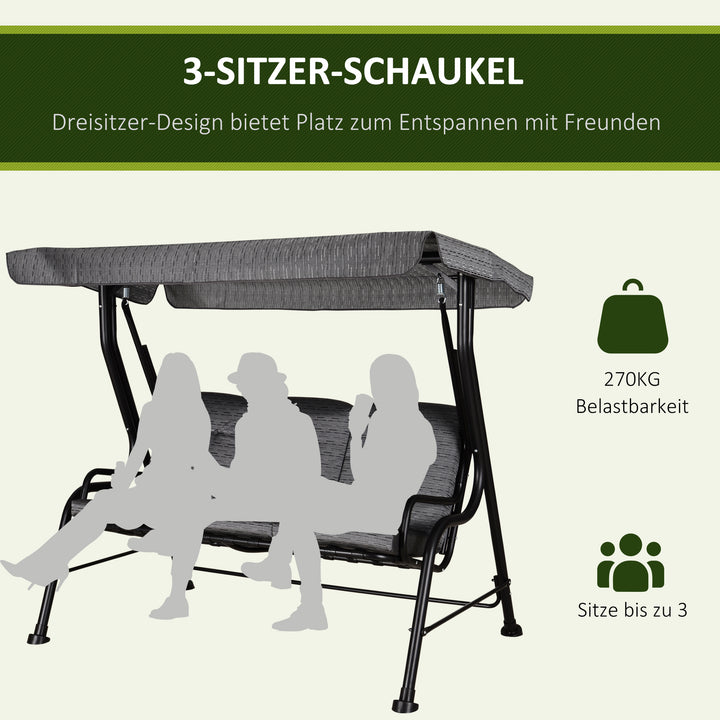 3-Personers havegynge med justerbar baldakin, 200 x 120 x 170 cm, gråt textilenestof